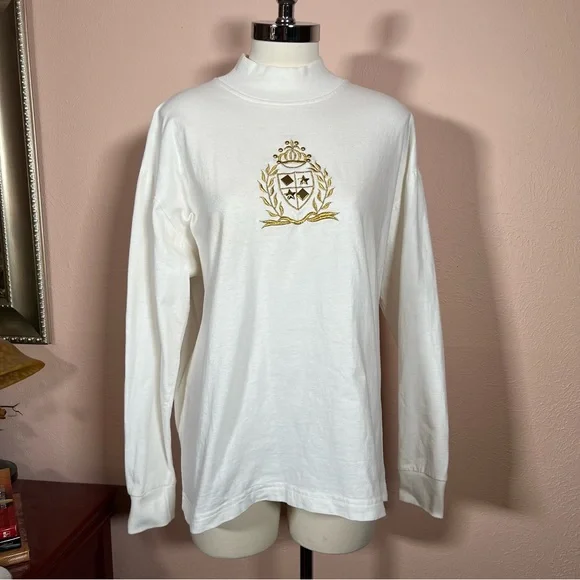 Vintage 1980 Icing Oversized Cream Gold Crown Embellished mock neck sweater - Picture 15 of 17